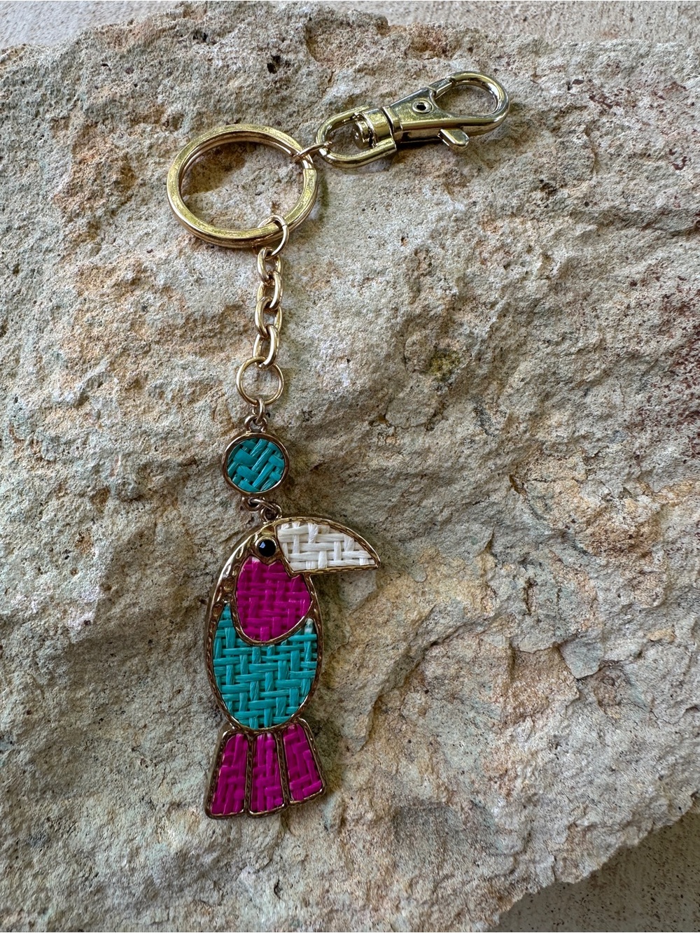 Gold Toucan Keychain Charm in Turquoise, Pink & White - Picture 4 of 7